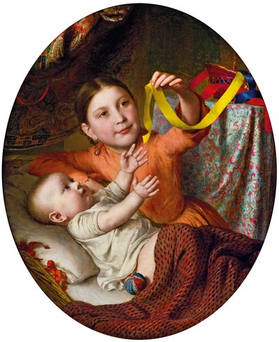 Two Children Playing with Silk Ribbons by Johann Baptist Reiter